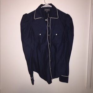 Greysn Navy Jacquard Cotton Button Down Blouse